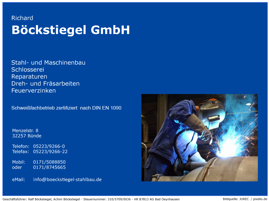 Stahlbau und Metallbau Richard Bckstiegel in 32257 Bnde - Maschinenbau, Schlosserei, Reparatur, 
Dreharbeiten, Dreherei, Frserei, Frsarbeiten, Feuerverzinken